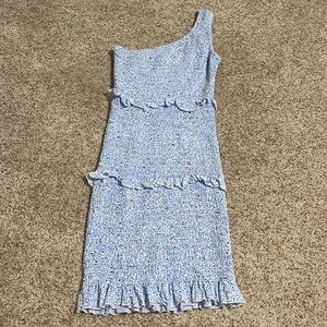 Blue one shoulder Princess Polly ruffle dress with small white/black flowers.